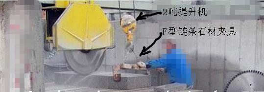 2噸提升機與F型鏈條夾具配合切割搬運大理石作業(yè)現(xiàn)場--河北東圣吊索具制造有限公司--石材夾具